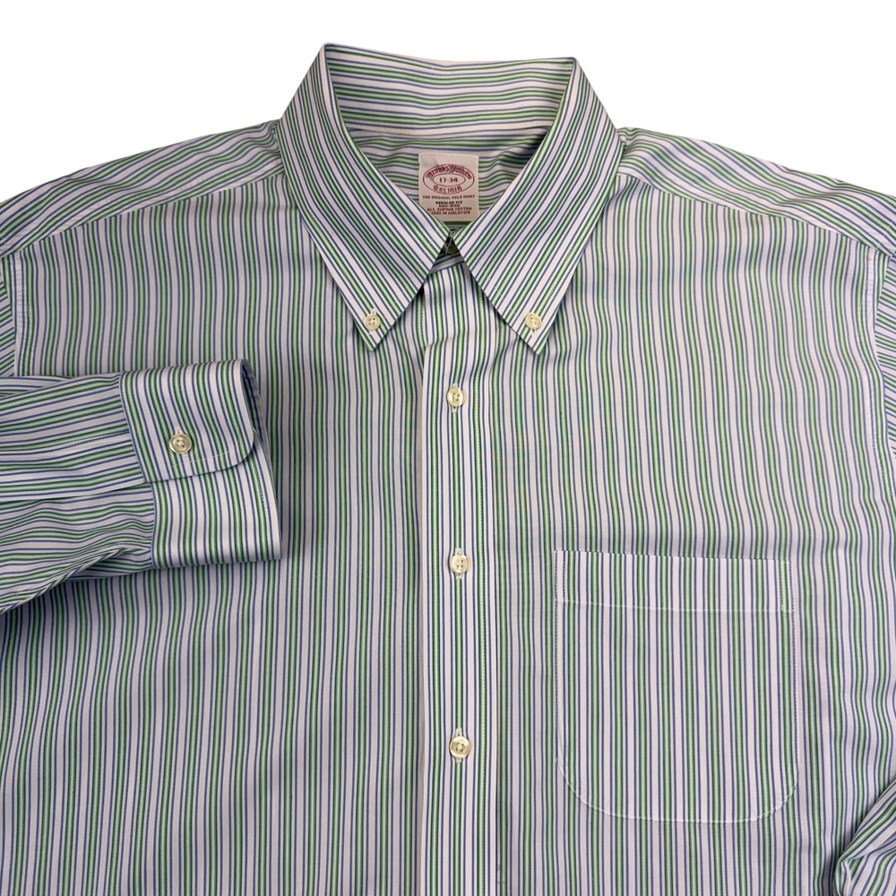 Brooks Brothers Shirt‎ Mens 17-34 White Striped Regular Fit Non Iron Supima